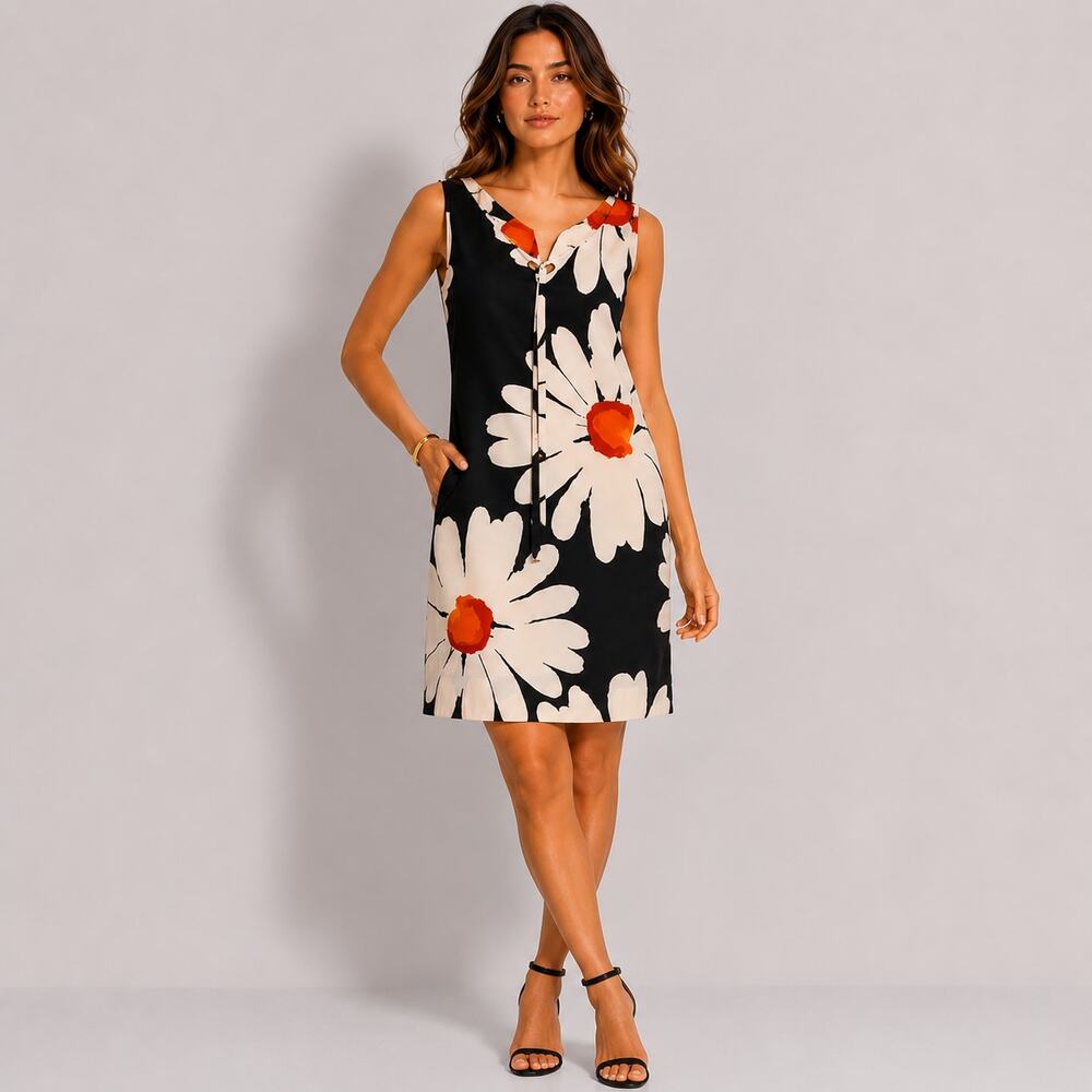 Moschino‎ Chic Size 6 Daisy Floral Black White Shift Dress Retro Mod European